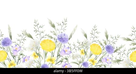 Fleurs sauvages chellflower, pissenlit, verruelle et herbes de prairie. Bordure sans couture d'aquarelle isolée dessinée à la main de fleur de champ de lilas jaune. Horizontal Banque D'Images