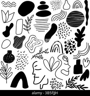 Fond avec des formes abstraites en noir et blanc et des lignes artistiques, mettant en valeur un design d'art minimaliste et contemporain, idéal pour le proje créatif Illustration de Vecteur