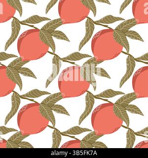 Motif sans couture avec des pêches et des feuilles dessinées à la main sur un fond blanc Illustration de Vecteur