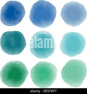 Ensemble de neuf cercles dégradés vectoriels d'aquarelle vibrants dans les tons bleu et vert Illustration de Vecteur