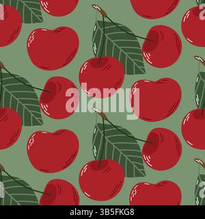 Motif sans couture avec cerises rouges vibrantes et feuilles vertes sur fond d'olive Illustration de Vecteur