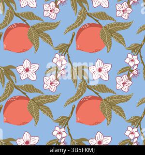 Motif sans couture de pêches et de fleurs avec des feuilles vibrantes sur fond bleu Illustration de Vecteur