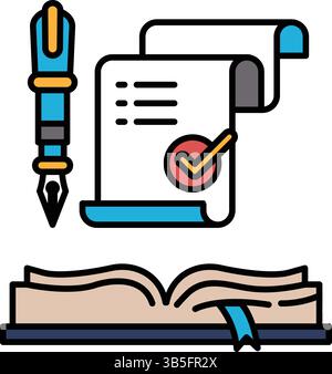 Un stylo et un morceau de papier avec une coche dessus. Le stylo est bleu et le papier blanc Illustration de Vecteur