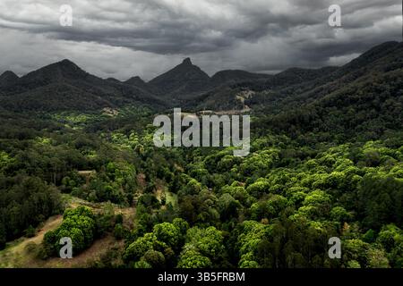 Wollumbin - Mont Warning avec son pic significatif au bout d'une vallée. Banque D'Images