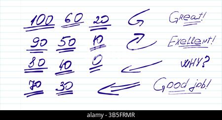 Notes et commentaires Doodle illustration. Amusants griffonnages dessinés à la main avec des phrases comme excellent, génial et non, idéal pour les commentaires de l'école, les journaux Illustration de Vecteur