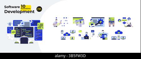Processus de développement logiciel dessin animé plat méga bundle Illustration de Vecteur