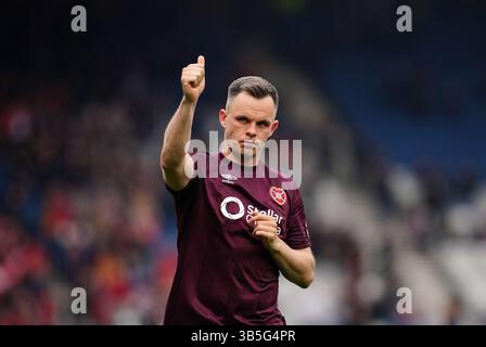 Photo du dossier datée du 19-04-2025 de Heart of Lawrence Shankland qui a défié Emattled Hearts de bannir le spectre de la relégation en battant le comté de Ross sous le patron intérimaire Liam Fox samedi. Date d'émission : vendredi 2 mai 2025. Banque D'Images