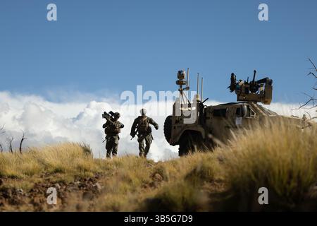 Les Marines américains avec le 3e bataillon anti-aérien littoral, le 3e régiment littoral des Marines, la 3e division des Marines, courent vers un point de tir avec un Stinger FIM-92 pendant Banque D'Images
