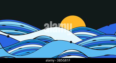Paysage avec Océan dans la nuit avec pleine lune. Fond d'onde superposé abstrait. Paysage de mer bleue. Papier peint calmant ciel sombre. Nature moderne Illustration de Vecteur