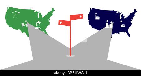 Une route se divise vers deux cartes des Etats-Unis : l’une verte avec des symboles d’énergies renouvelables, l’autre grise avec des usines polluantes. Un panneau rouge marque l'environnement Illustration de Vecteur