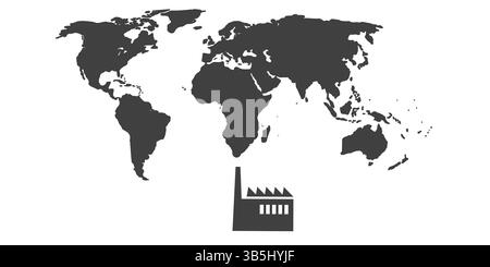 Une usine stylisée émet une fumée noire épaisse de sa cheminée, qui se transforme en une forme de carte du monde. Les continents émergent de la fumée, symbolizin Illustration de Vecteur