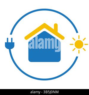 Lutte contre le changement climatique, utiliser l'énergie renouvelable à la maison - concept Design avec cordon électrique et soleil autour d'un symbole de maison sur fond blanc - CR Illustration de Vecteur