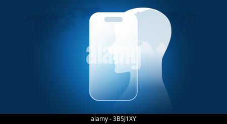 Concept futuriste bleu et blanc d'utilisation de l'IA sur les appareils mobiles. Une silhouette de visage humain émerge d’un smartphone, symbolisant la techn de reconnaissance faciale Illustration de Vecteur