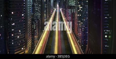 Spectaculaire ville moderne la nuit avec des sentiers légers. rendu 3d concept imaginaire ville Banque D'Images