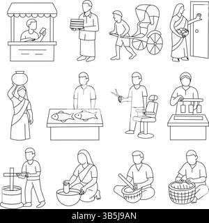 Icônes d'art au trait des emplois de village indien - ensemble d'illustration vectorielle Illustration de Vecteur