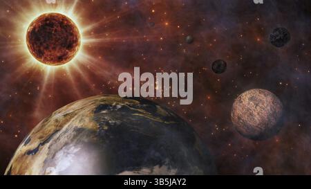 La planète Terre, le soleil, la Lune et les planètes dans l'espace Banque D'Images