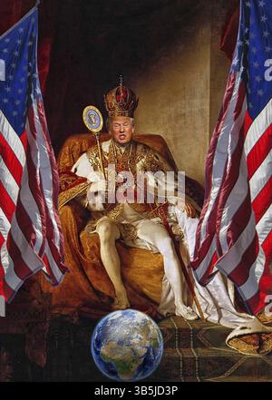 Image symbolique, roi Donald, le monde à ses pieds, Donald Trump se voit comme une majesté au-dessus des lois, la démocratie américaine en danger, le chantage politique, l’UE Banque D'Images