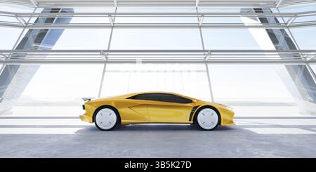 Gros plan voiture de sport jaune concept générique sans marque inexistante. Rendu d'illustration 3D. Banque D'Images