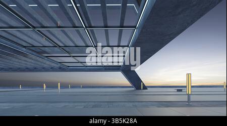 Vue panoramique sur un sol en béton vide et un bâtiment moderne sur le toit. 3d rendu Banque D'Images
