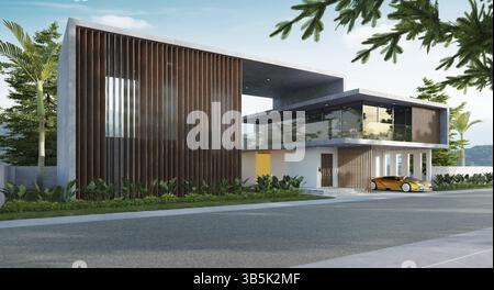 Maison moderne confortable dans un style de luxe avec voiture de sport concept générique sans marque et plantes tropicales. Matinée tranquille. rendu 3d. Banque D'Images