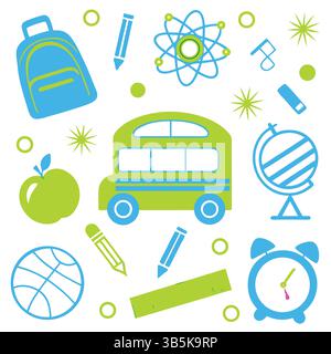 Fournitures de retour à l'école illustration colorée : globe, bus, horloge, crayons Illustration de Vecteur