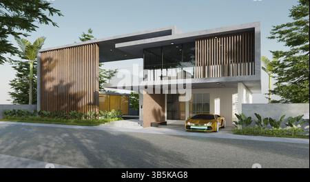 Maison moderne confortable dans un style de luxe avec voiture de sport concept générique sans marque et plantes tropicales. Matinée tranquille. rendu 3d. Banque D'Images