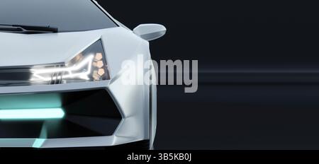 Gros plan phares de voiture électrique noir de concept générique sans marque inexistants. Vue de face. Rendu d'illustration 3D. Banque D'Images