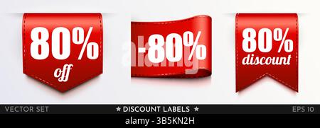 80 % de réduction. Étiquette de vente de ruban. Étiquette de pourcentage rouge. Illustration vectorielle Illustration de Vecteur