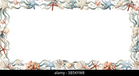Sea Fishes Shell Starfish Seaweed Pearl Frame. Animaux marins et plantes mignons de l'océan. Adorable monde sous-marin. Isolat d'été peint à l'aquarelle à la main Banque D'Images
