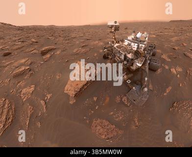 6 août 2022, Pasadena, Californie, États-Unis : 6 août, 2022 marque le 10e anniversaire de l'atterrissage du rover Curiosity sur mars. Depuis août 2012, Curiosity explore le mont Sharp, haut de 3 km, dans le cratère Gale. Le rover a grimpé de plus de 2 000 pieds (612 mètres), atteignant des roches de plus en plus jeunes qui servent de record sur la façon dont mars a évolué d'une planète humide et habitable à un environnement désertique froid. Le rover photogénique a créé cet autoportrait au cratère Gale sur le sol 2082 (15 juin 2018) en utilisant l'imageur à objectif manuel de mars, ou MAHLI (crédit image : © NASA-JPL-Caltech via CNP/CNP via ZUMA Press Wi Banque D'Images