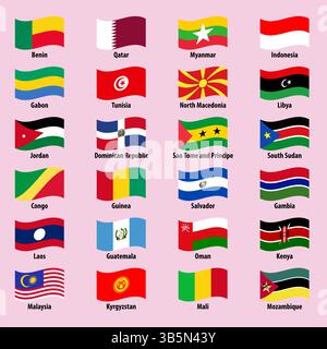 Drapeaux nationaux de pays dans un style ondulé sur un fond lumineux Illustration de Vecteur