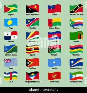 Grand ensemble de drapeaux nationaux de pays dans un style ondulé sur un fond lumineux Illustration de Vecteur