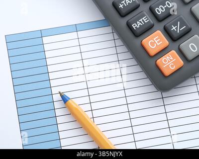 Un stylo à bille et une calculatrice reposant sur une table vierge. Gros plan. Banque D'Images