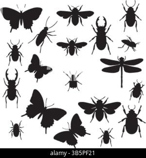 Silhouettes d'insectes : papillons, coléoptères, abeilles, libellules et mouches - illustration vectorielle Illustration de Vecteur