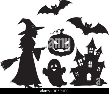 Silhouettes Spooktacular d'Halloween : sorcière, citrouille, fantôme, Maison hantée et chauves-souris - illustration vectorielle Illustration de Vecteur