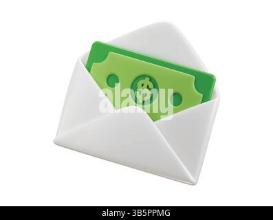 Enveloppe ouverte avec icône de billets de banque verts 3d concept de rendu de salaire, billets de dollar, illustration vectorielle d'icône d'investissement financier d'entreprise Illustration de Vecteur