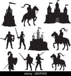 Silhouettes médiévales : châteaux, chevaliers montés et guerriers de combat - illustration vectorielle Illustration de Vecteur