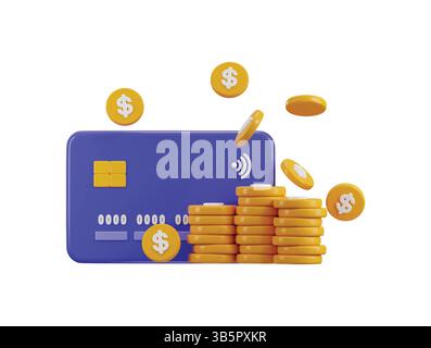 Carte de crédit avec icône de pile de pièce de monnaie dollar 3d rendre concept de système de paiement en ligne, paiement de portefeuille numérique, payer la carte de crédit 3D. Illustration de Vecteur