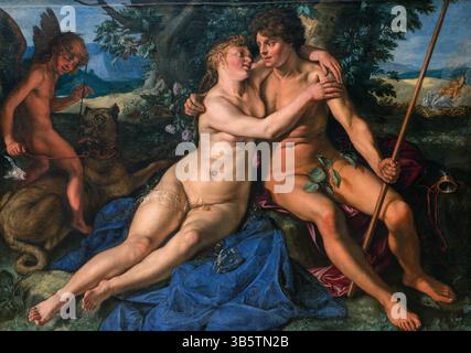 Dans le mythe grec Aphrodite (Vénus en romain) est mariée à Héphaïstus (Vulcain en romain) dans un mariage arrangé par Zeus (Jove). Les sources varient quant à la raison du mariage, mais tous conviennent que Héphaïstus/Vulcain a une jambe boiteuse et qu'Aphrodite/Vénus ne l'aime pas. Elle a une liaison avec le Dieu de la guerre Arès (mars en romain). Elle a également eu une liaison avec les mortels Anchises et Adonis. Dans ce tableau Venere et Adonis (1614) de Hendrick Goltzius, nous voyons le couple ensemble. Banque D'Images