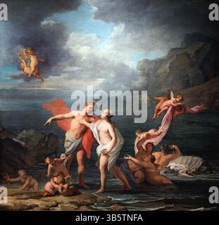 Dans le mythe grec Aphrodite (Vénus en romain) est mariée à Héphaïstus (Vulcain en romain) dans un mariage arrangé par Zeus (Jove). Les sources varient quant à la raison du mariage, mais tous conviennent que Héphaïstus/Vulcain a une jambe boiteuse et qu'Aphrodite/Vénus ne l'aime pas. Elle a une liaison avec le Dieu de la guerre Arès (mars en romain). Elle a également eu une liaison avec les mortels Anchises et Adonis. Dans cette peinture Vénus et Adonis avec les Néréides de Jacopo Amigoni nous voyons le couple avec les nymphes de mer. Banque D'Images