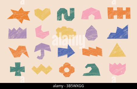 Crayon abstrait, figures de doodle dessinées au pinceau, formes. Couleur enfantine contemporaine vague naïve, couronne, tulipe, collection d'éléments vectoriels de flèche. Illustration de Vecteur