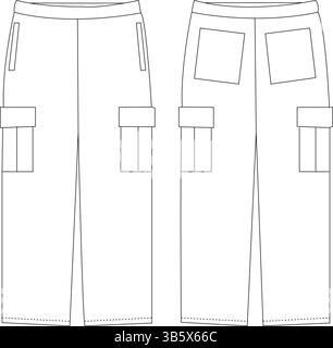 Pantalon cargo illustration de mode technique | modèle de vêtement plat CAD | vues avant et arrière Illustration de Vecteur