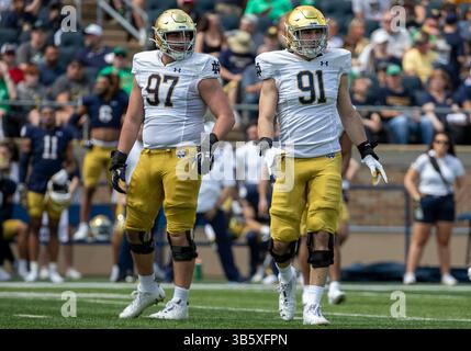 23 avril 2022 : Gabriel Rubio (97) et Aiden Gobaira (91), joueur de ligne défensive de notre Dame, lors du match de football annuel Blue-Gold Spring de notre Dame au stade notre Dame de South Bend, Indiana. L'or a vaincu Blue 13-10. John Mersits/CSM.(image de crédit : © John Mersits/CSM via ZUMA Press Wire) Banque D'Images