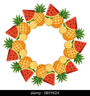 Cadre de fruits tropicaux de dessin animé avec ananas, pastèques et citrons. Illustration isolée vectorielle sur fond blanc Illustration de Vecteur