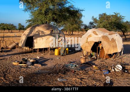 Camp de tribu nomade de Wodaabe près du lac Tchad, Tchad Banque D'Images