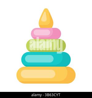 Jouet de dessin animé mignon, jouet pyramidal avec des anneaux colorés. Idéal pour les dessins d'enfants, les jouets ou les projets ludiques Illustration de Vecteur