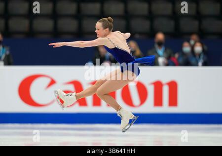 23 mars 2022 : Mariah Bell des États-Unis d'Amérique pendant le programme court féminin, Championnat du monde de patinage artistique au Sud de France Arena, Montpellier, France. (Crédit image : © Kim Price/CSM via ZUMA Press Wire) Banque D'Images