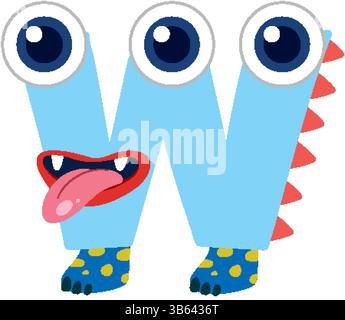 Illustration vectorielle fantaisiste d'une lettre W en forme de monstre avec des couleurs vibrantes et des éléments de conception ludiques Illustration de Vecteur