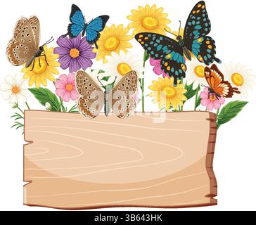 Des papillons colorés flottent au-dessus de fleurs vibrantes et d'un signe en bois. Art vectoriel lumineux et détaillé avec un thème naturel Illustration de Vecteur