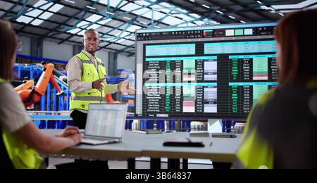 Former Un groupe diversifié de travailleurs d'entrepôt sur la chaîne d'approvisionnement. Présentation D'Un tableau de bord à Une équipe d'analystes logistiques Banque D'Images